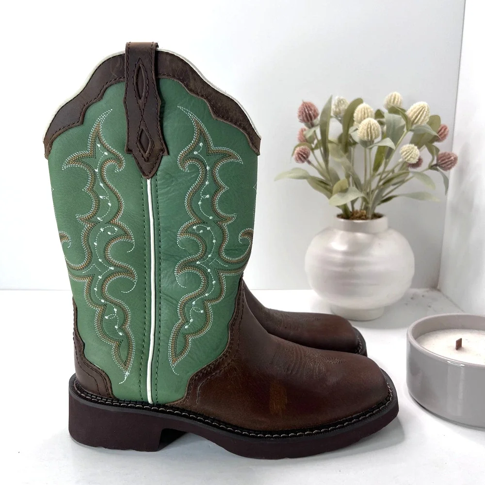 Justin Raya Western Distressed Square Toe Cowgirl Boot Brown Green Women 7B NWD